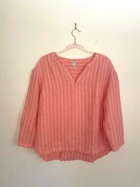 L.L. Bean Women's L Premium Washable Linen Shirt Splitneck Dark Salmon Stripe